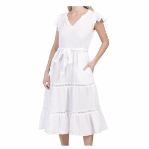 Magaschoni White Organic Cotton Gauze Tiered Midi Dress. Size Large.